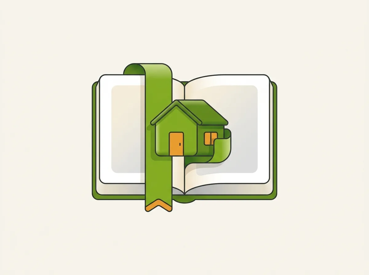 Auflassungsvormerkung: flache Illustration eines Hauses mit Vormerkungs-Lesezeichen im Grundbuch – Kreditriese Glossar