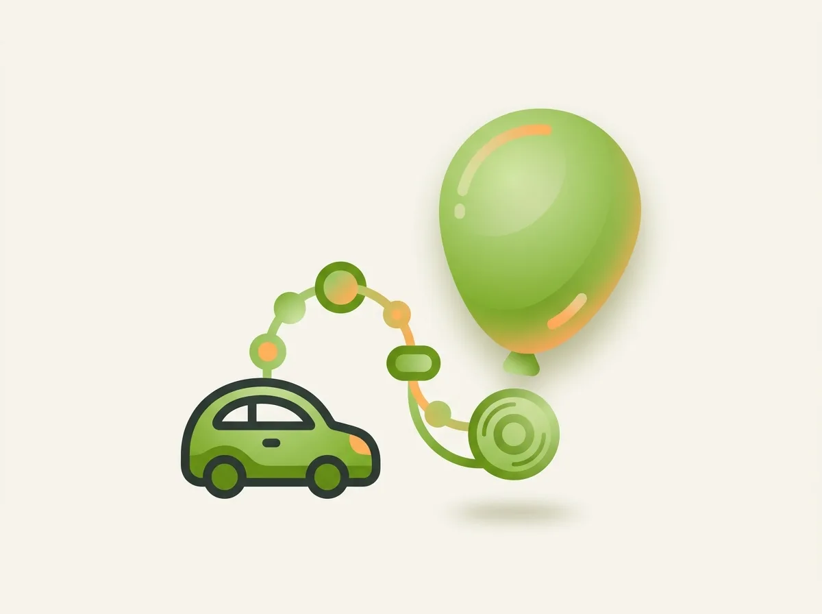 Ballonfinanzierung: flache Illustration eines Autos mit großem Ballon als Schlussrate – Kreditriese Glossar