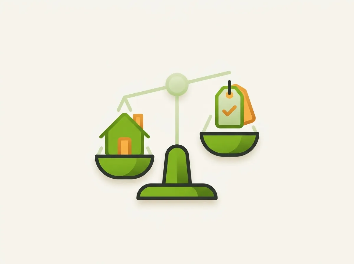 Beleihungswert: flache Illustration eines Hauses auf einer Bewertungswaage – Kreditriese Glossar