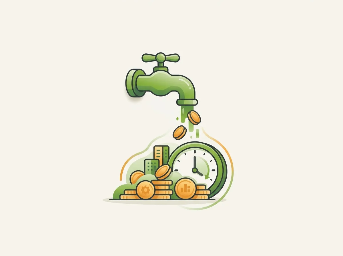 Bereitstellungszinsen: flache Illustration eines Baudarlehen-Hahns mit Uhr und Münzen – Kreditriese Glossar