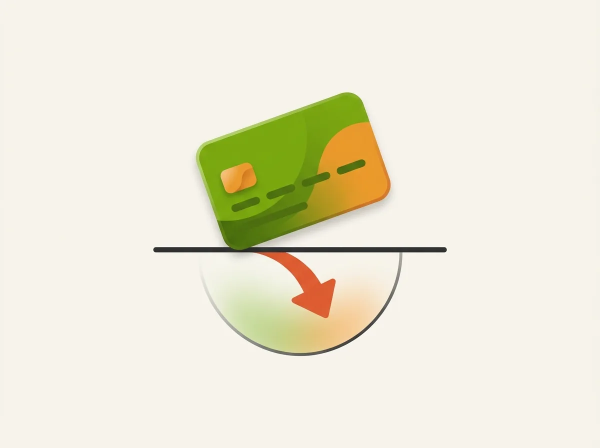 Dispokredit: flache Illustration einer Girokarte im Minus mit rotem Pfeil – Kreditriese Glossar