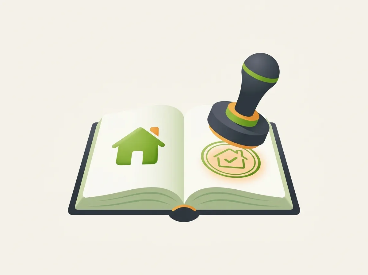 Grundbucheintrag: flache Illustration eines Grundbuchs mit Haus und Amtssiegel – Kreditriese Glossar