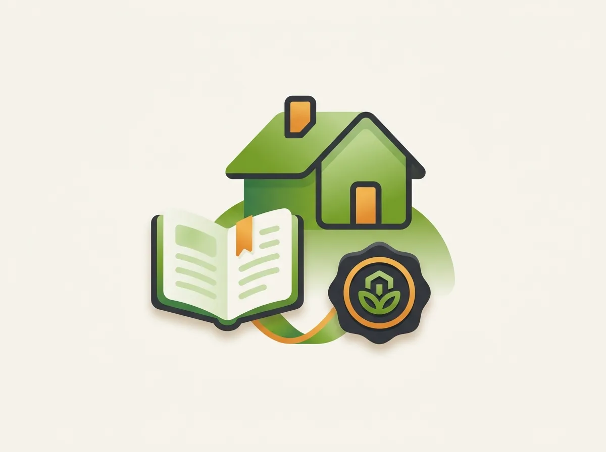 Grundschuld: flache Illustration eines Hauses mit Grundbuch und Siegel – Kreditriese Glossar