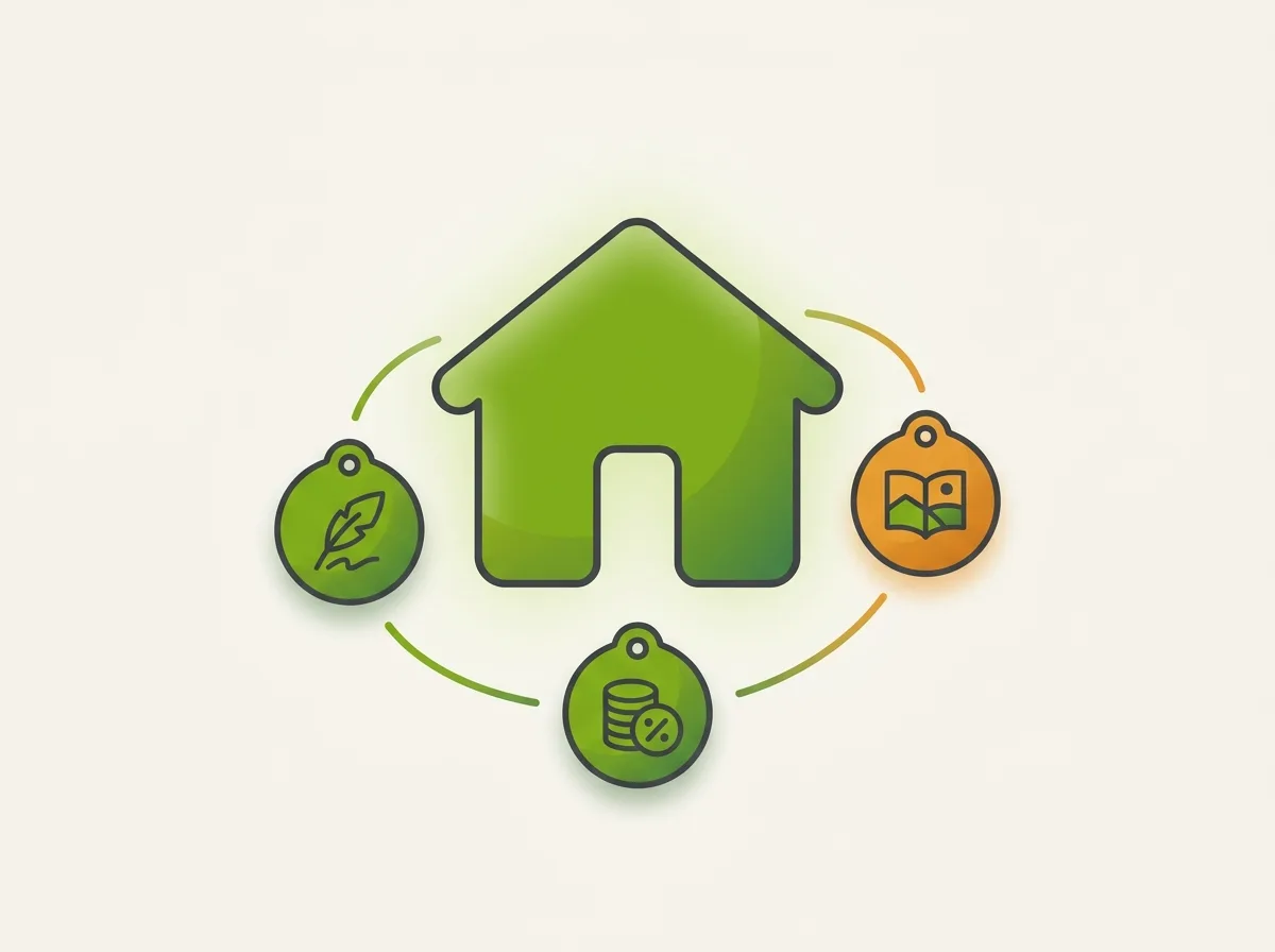 Kaufnebenkosten: flache Illustration eines Hauses mit Zusatzkosten-Schildern – Kreditriese Glossar