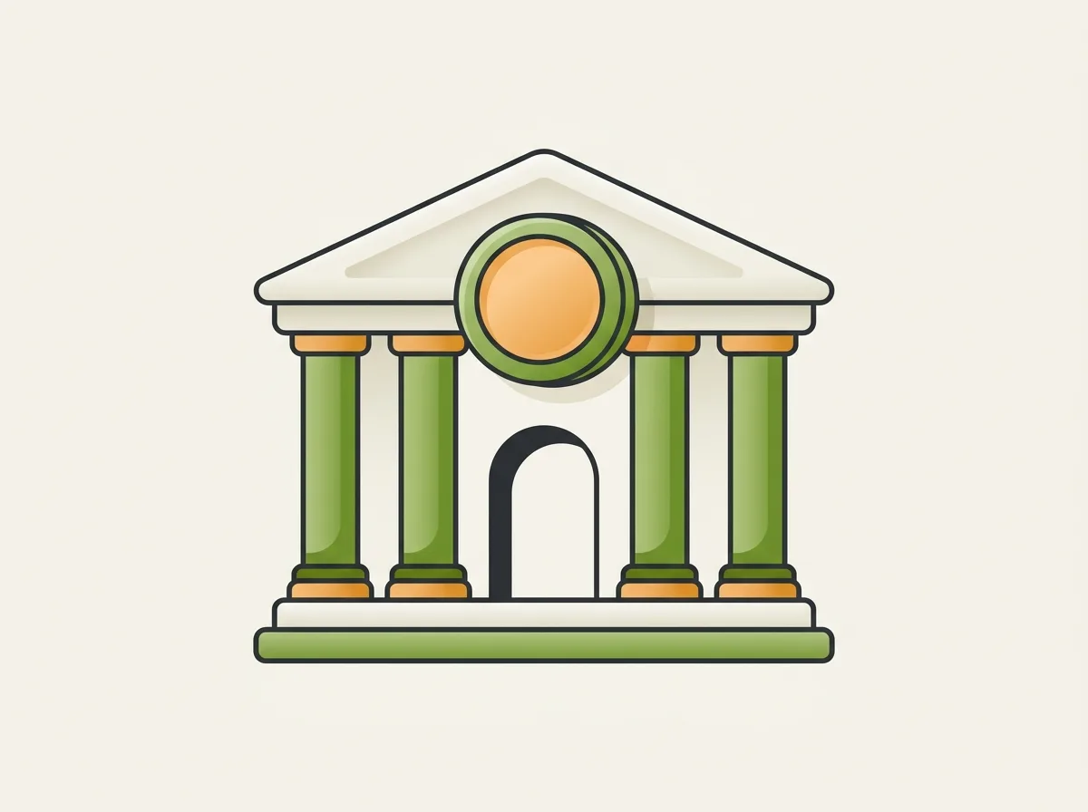 Kreditinstitut: flache Illustration eines Bankgebäudes mit Säulen und Münzsymbol – Kreditriese Glossar