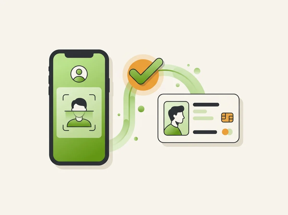 Legitimation: flache Illustration einer Identitätsprüfung mit Ausweis, Häkchen und Smartphone – Kreditriese Glossar