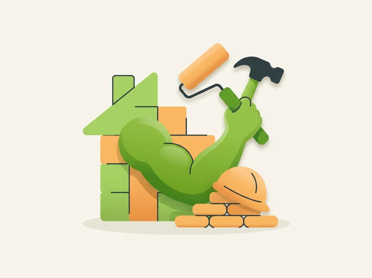 Muskelhypothek: flache Illustration eines starken Arms mit Werkzeug am Hausbau – Kreditriese Glossar