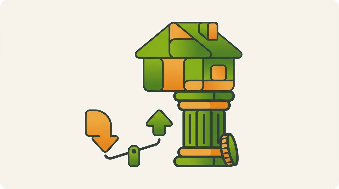 Illustration: Immobilienkredit ohne Eigenkapital – die Bank trägt die volle Finanzierung, Chancen und Risiken auf der Waage