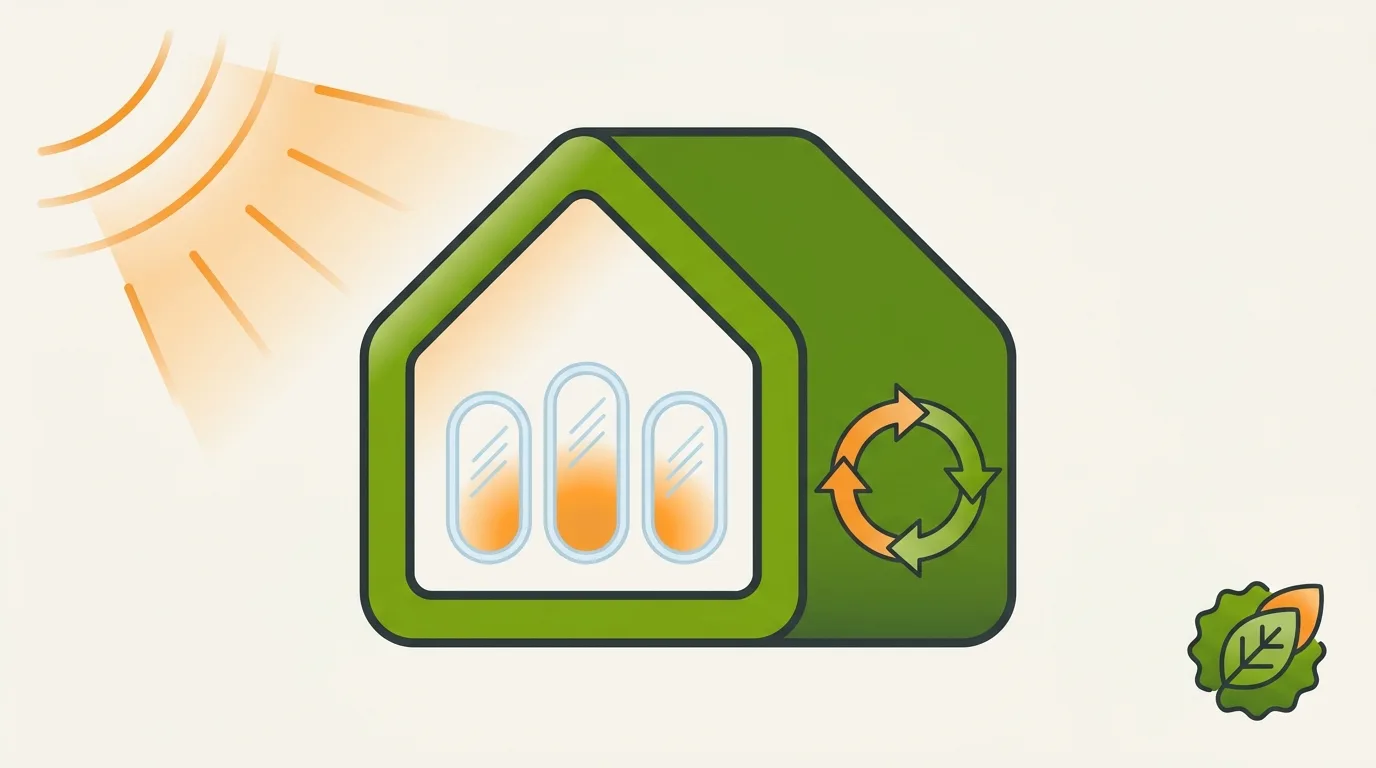 Passivhaus-Prinzip als Illustration: gedämmte Gebäudehülle, Sonneneinstrahlung und Lüftung mit Wärmerückgewinnung