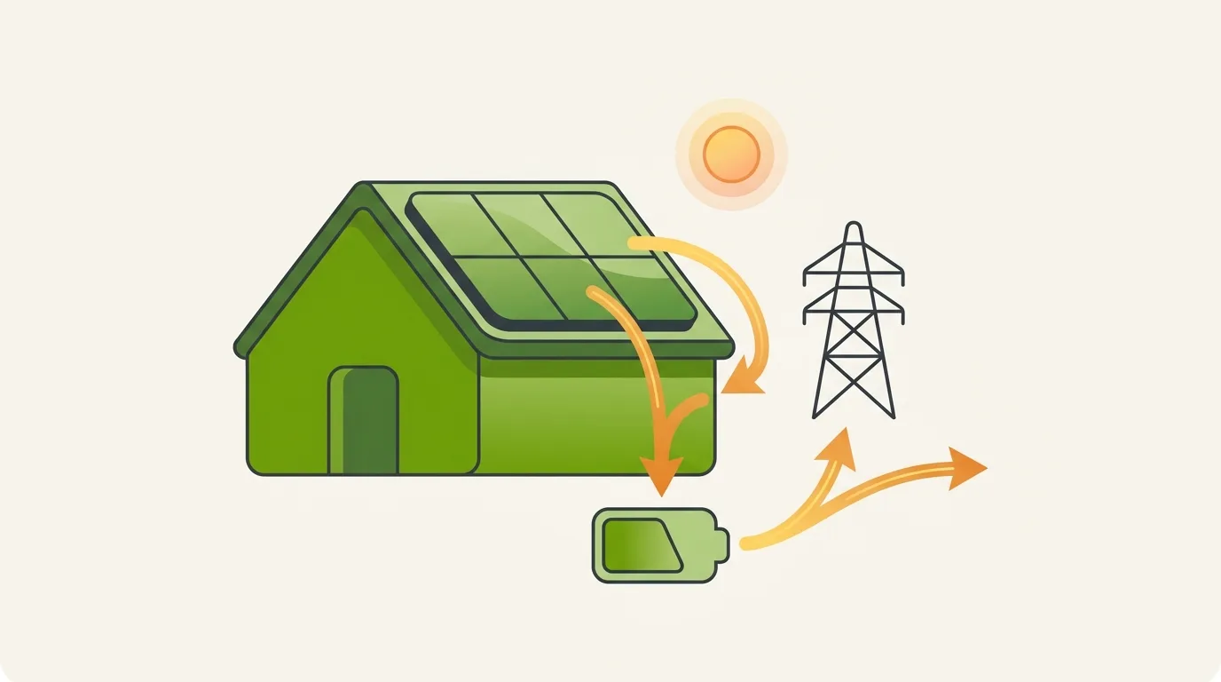Plusenergiehaus-Prinzip als Illustration: Solaranlage auf dem Dach speist Batteriespeicher und Stromnetz