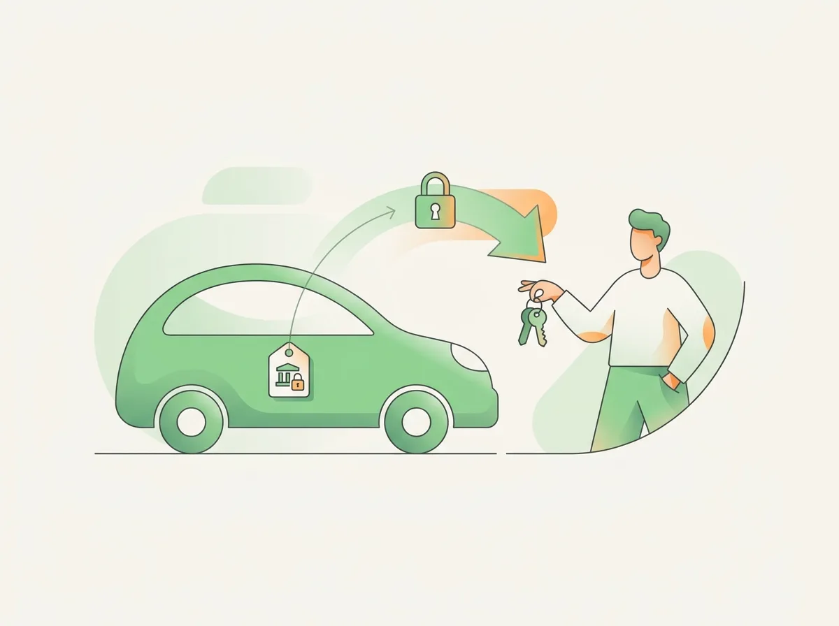 Sicherungsübereignung: flache Illustration eines Autos im Bank-Eigentum bei behaltenem Schlüssel – Kreditriese Glossar