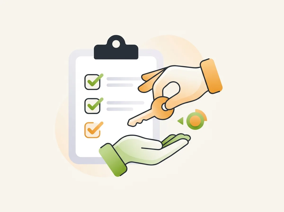 Übergabeprotokoll: flache Illustration einer Checkliste mit Schlüsselübergabe – Kreditriese Glossar