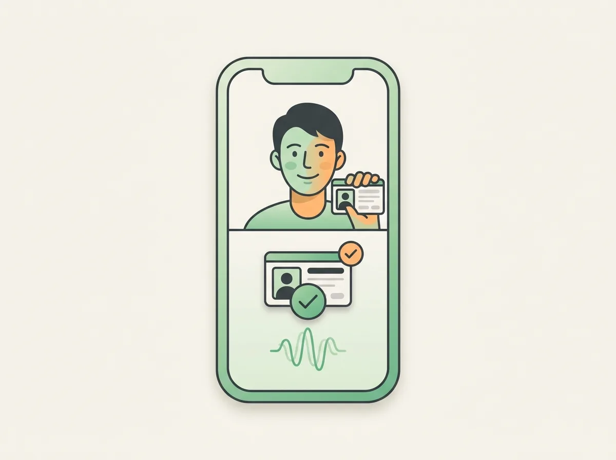VideoIdent: flache Illustration einer Online-Identifizierung per Videoanruf mit Ausweis – Kreditriese Glossar