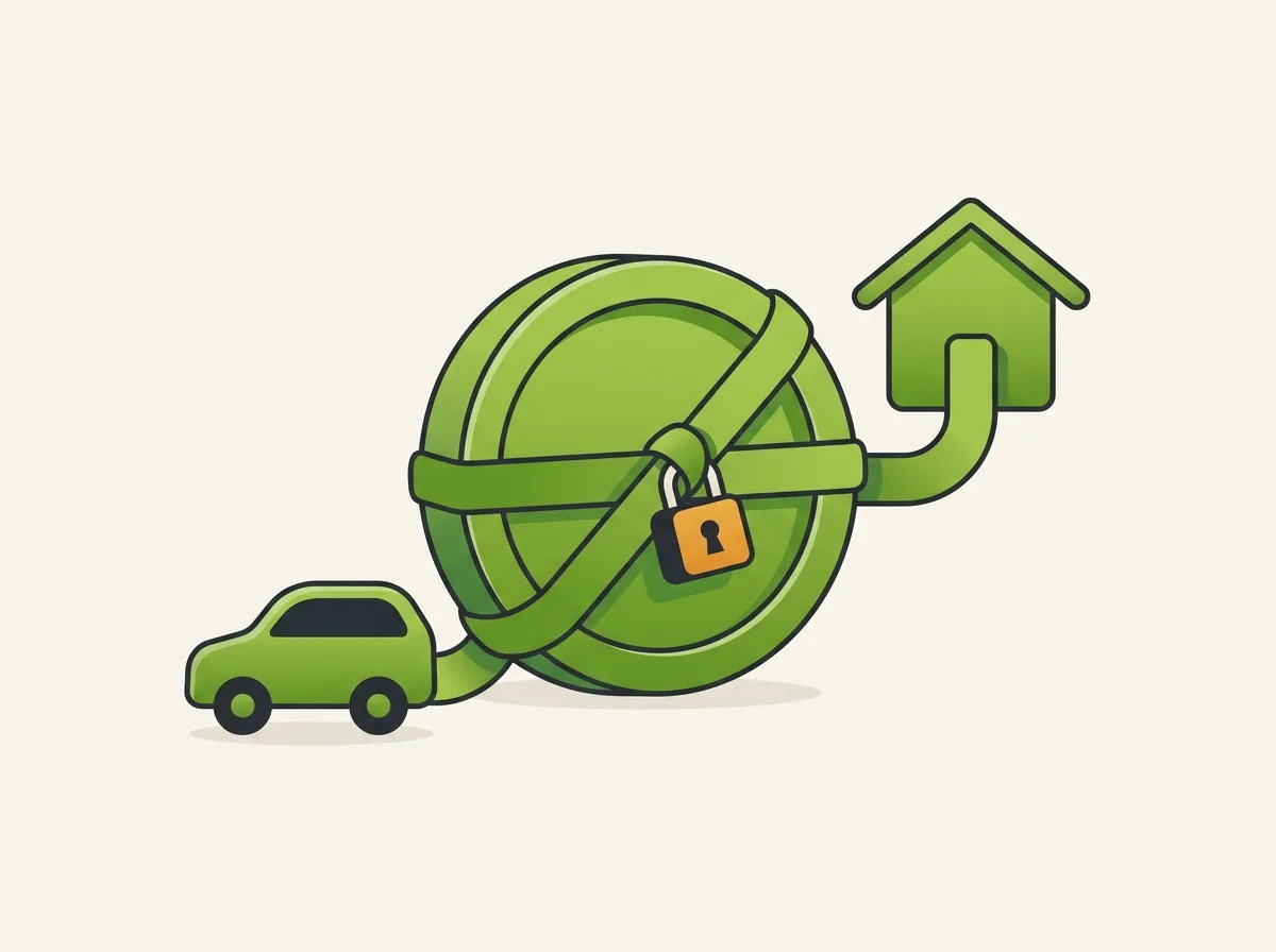 Zweckbindung: flache Illustration einer an Auto und Haus gebundenen Münze – Kreditriese Glossar